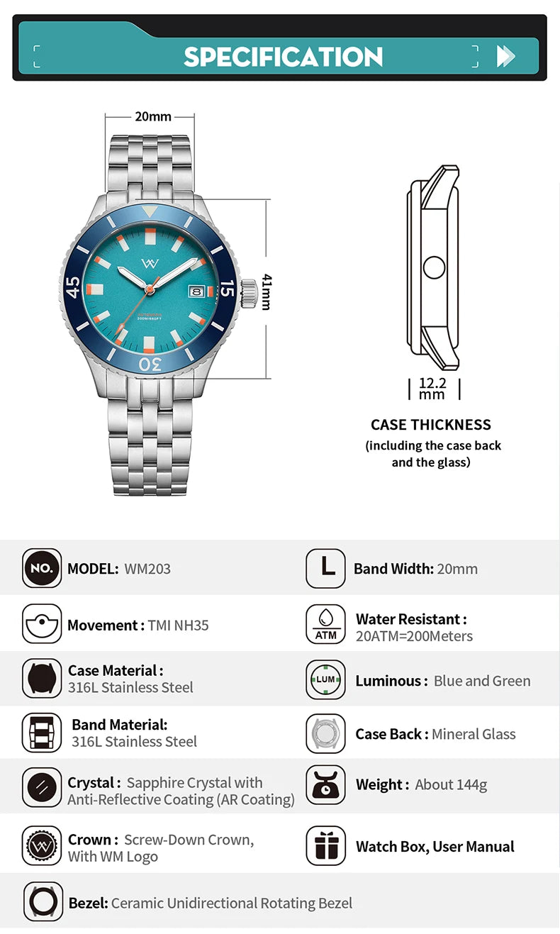 Montre Homme Welly Merck WM203 Automatique NH35 – Saphir Céramique 200M Luxe Premium