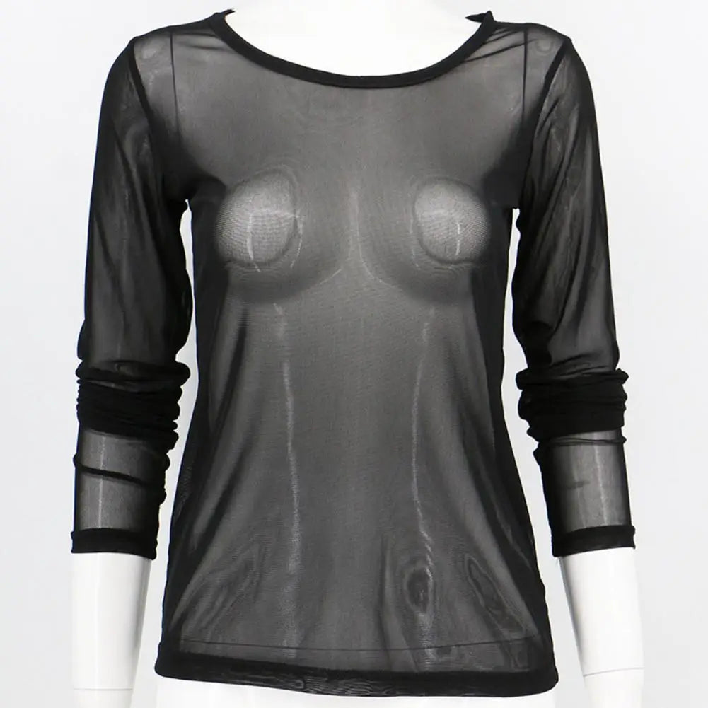 Damen transparentes Mesh-Oberteil Langarm – Rundhals Slim Fit | Punk-Strand-Sommer-Stil