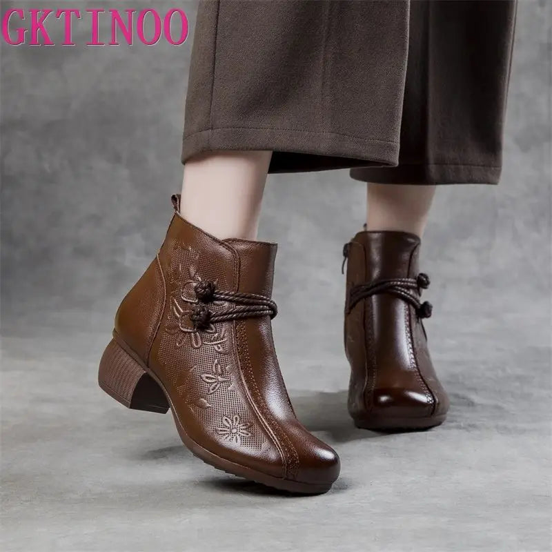 GKTINOO Bottines Cuir Véritable Talon Épais 2026 – Zip Retro Fait Main Automne Hiver