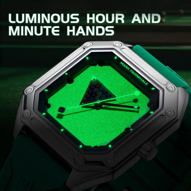 Herrenuhr Mark Fairwhale 5047 Quarz Quadratisch – Leuchtendes Billardzifferblatt Kautschuk Fashion