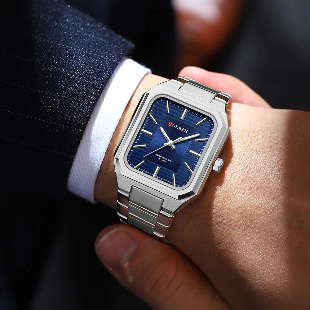Montre Homme CURREN Vintage Rectangle Acier Inoxydable Quartz Lumineux Étanche – Style Rétro Chic