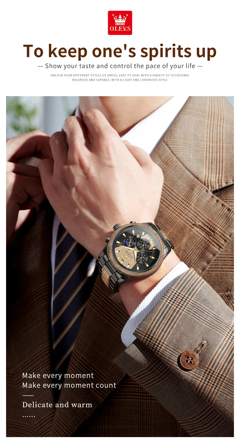 Montre Homme OLEVS Luxe Quartz – Bracelet Acier & Bois Santal Rouge Lumineux Étanche Calendrier