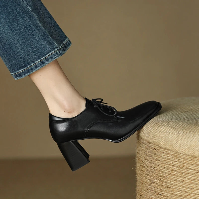Loafers Bout Carré Chunky Heel Cuir Femme – Lacets Retro Noir Plus Size Printemps Automne