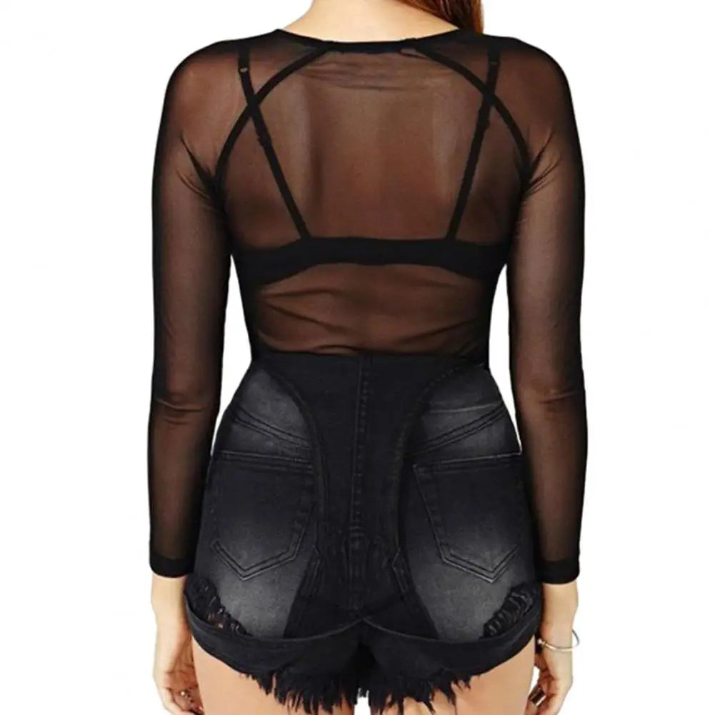 Damen transparentes Mesh-Oberteil Langarm – Rundhals Slim Fit | Punk-Strand-Sommer-Stil