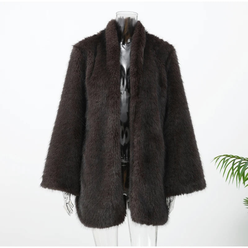 Manteau Femme Mi-Long Fausse Fourrure Col Revers Boutons Cachés Ample Élégant – Overcoat Bureau Chic | Hiver