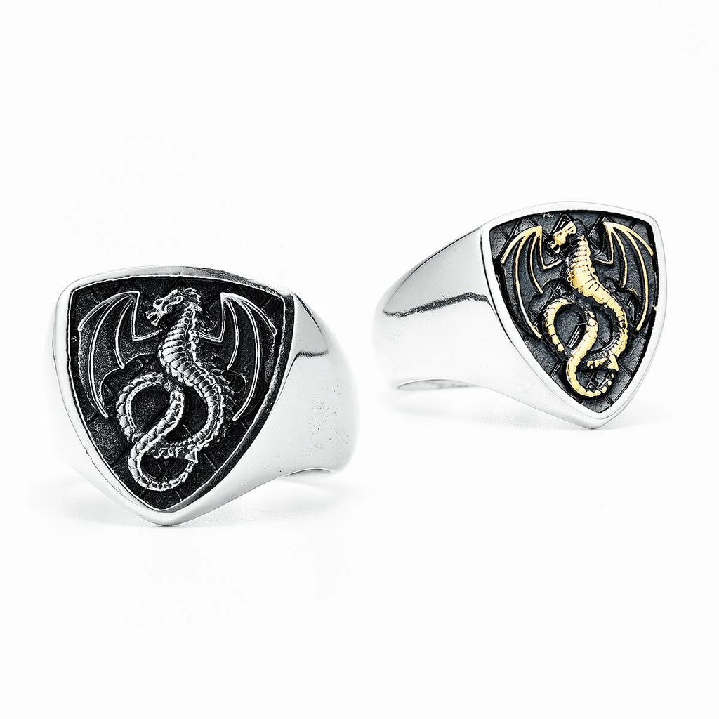 Bague Dragon Bouclier Acier 316L Homme — Style Rock Punk Viking Biker Retro
