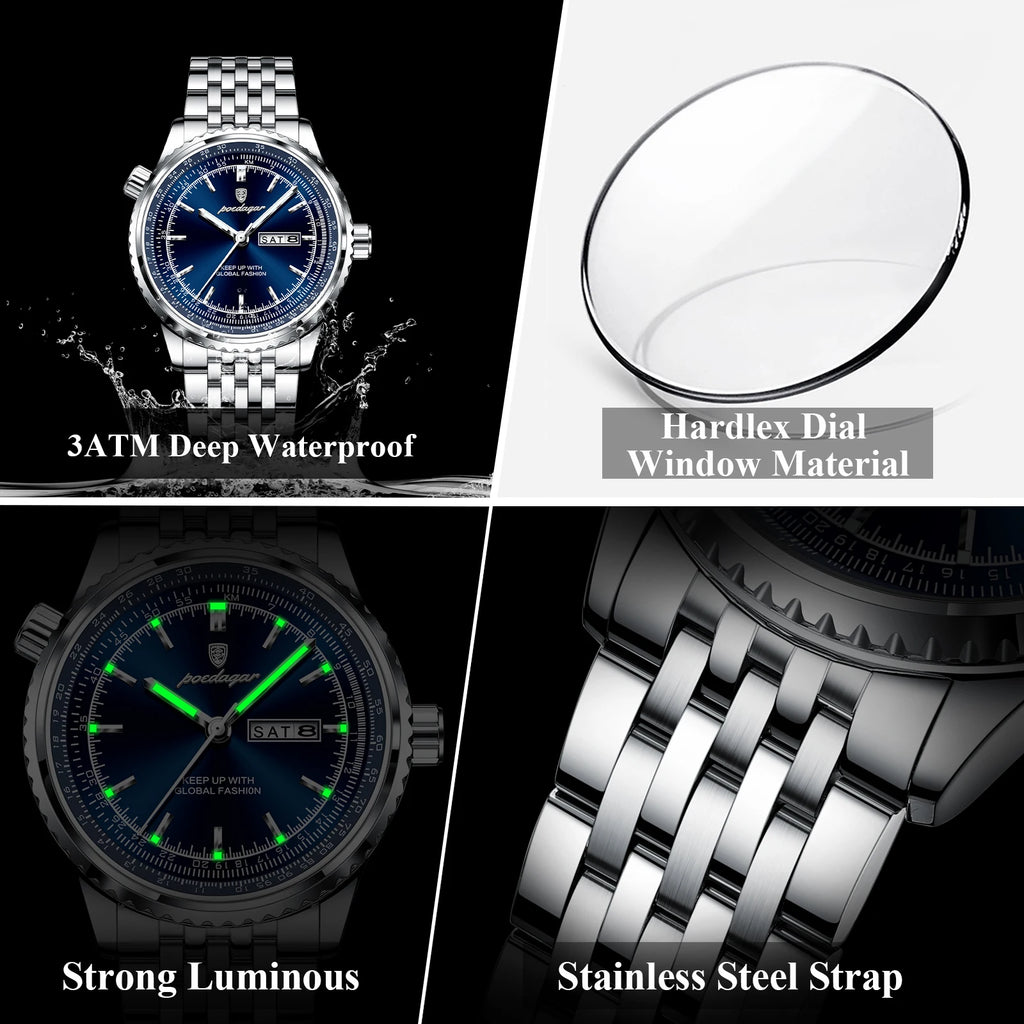 Montre Homme POEDAGAR Militaire Luxe Quartz – Acier Date Semaine Lumineux Étanche Fashion