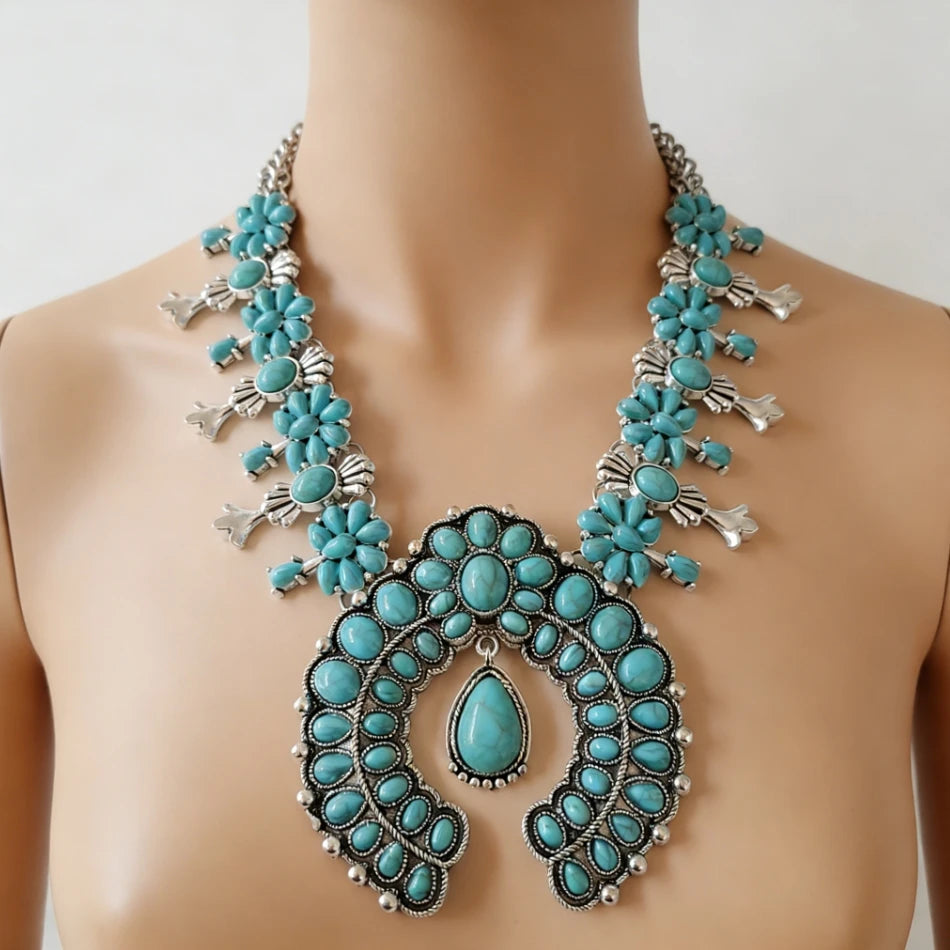 Parure Collier & Boucles Boho Ethnique Turquoise Résine – Pendentif Statement Baroque Retro | Style Indien Vintage | Bijou Femme Tendance 2026