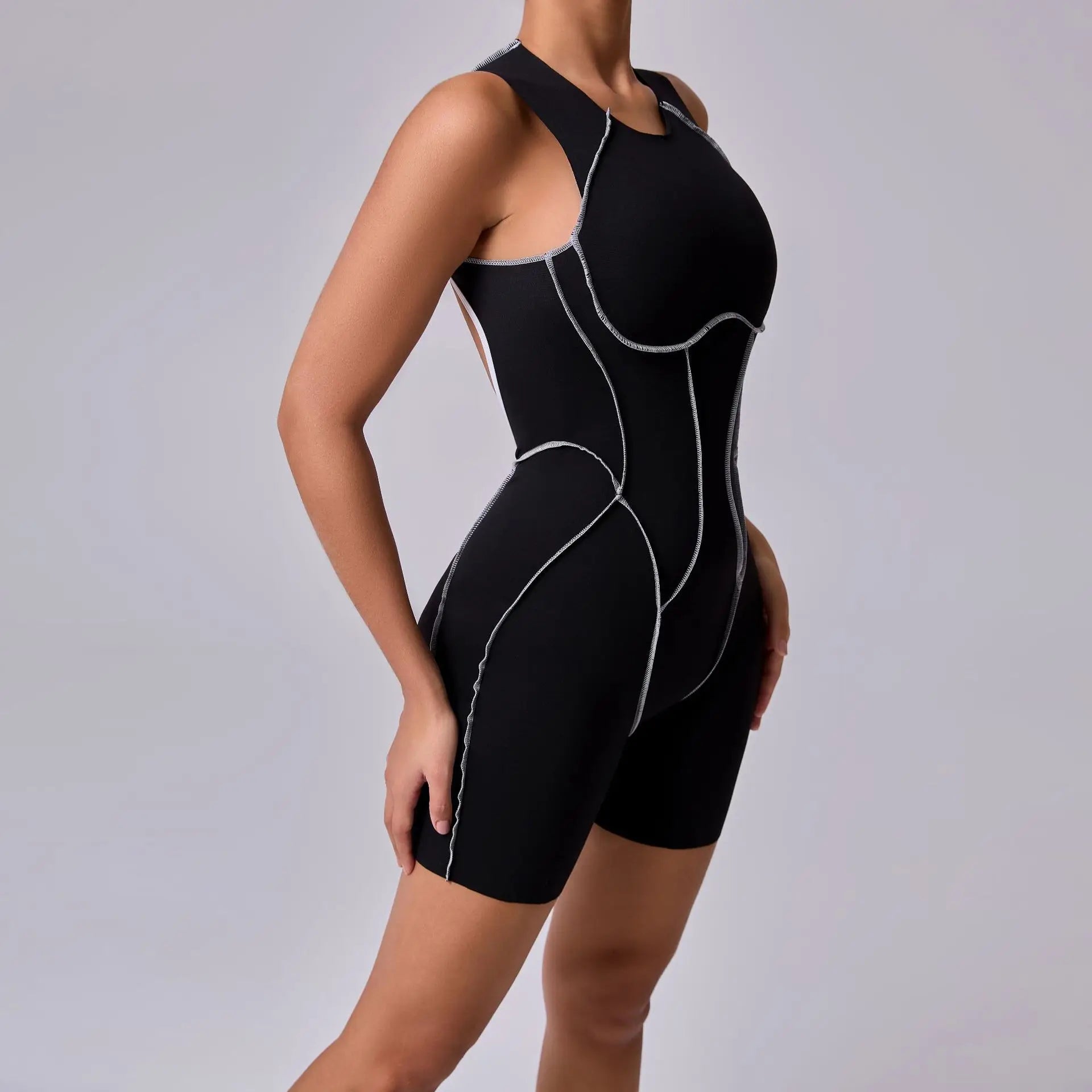 Bodysuit Yoga Push-Up Rembourré Bicolore - Combinaison Short V Butt Gainante Gym & Fitness Femme
