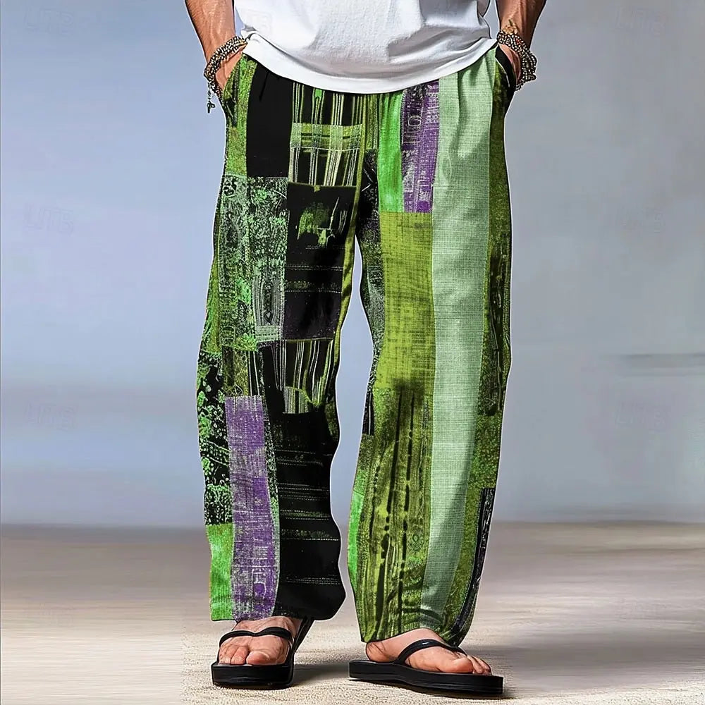 Pantalon Homme Color Block Patchwork Taille Élastique Cordon – Coupe Droite Casual Outdoor Style Hawaïen | Mode Homme