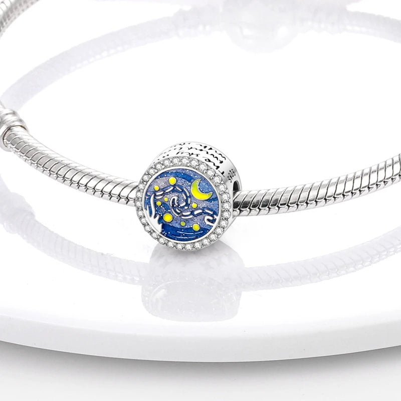 Charm Argent 925 Bleu Rotatif – Œil Démon, Main, Lune & Ciel Étoilé | Perle Pendentif Bracelet Femme | Bijou Spirituel & Mystique