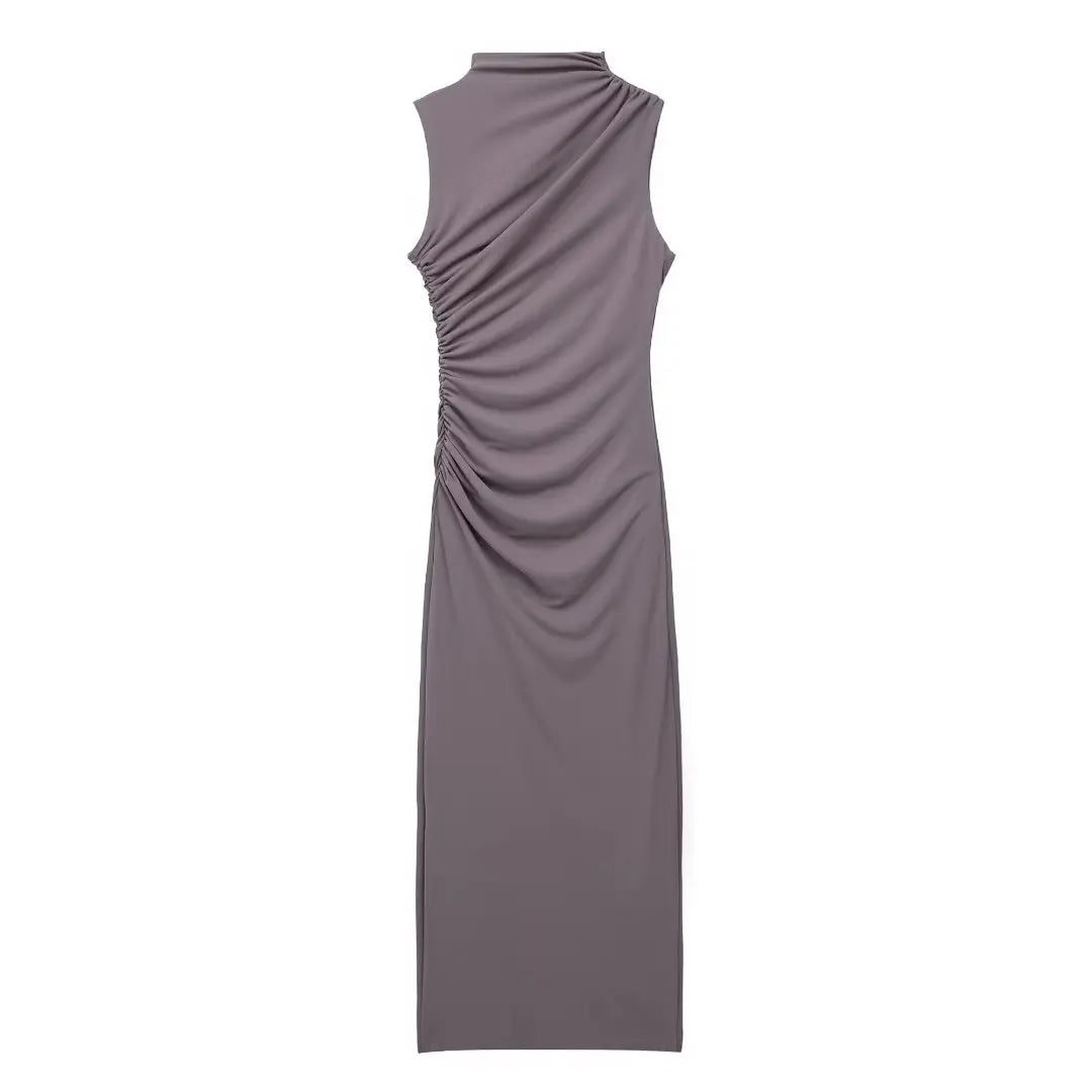 Robe Longue Femme Blanche Plissée Sans Manches Col Rond – Slim Gainante Élégante | Soirée Été