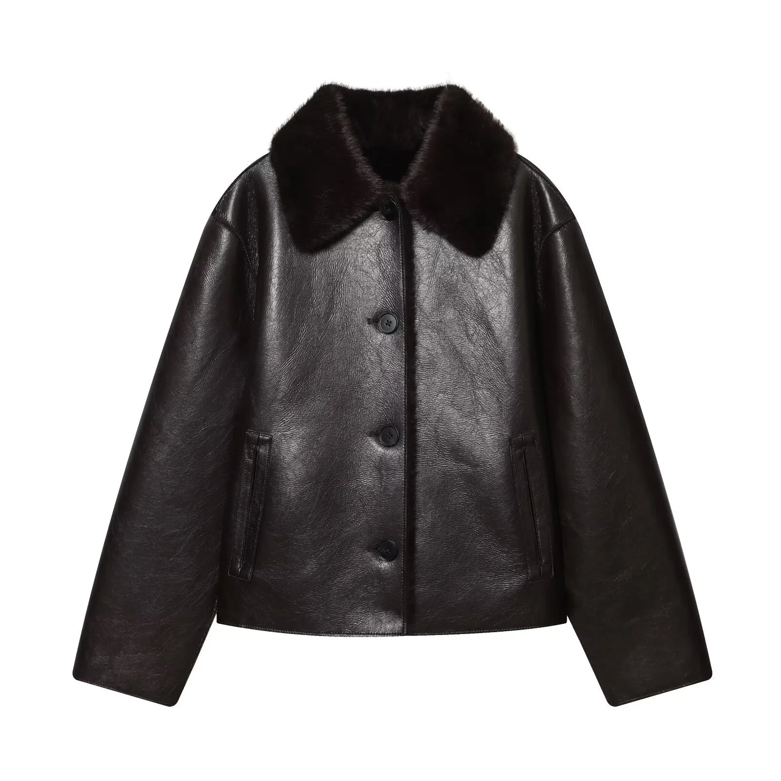Veste Femme Cuir Synthétique Réversible Marron 2025 – Manches Longues Automne Hiver Unique