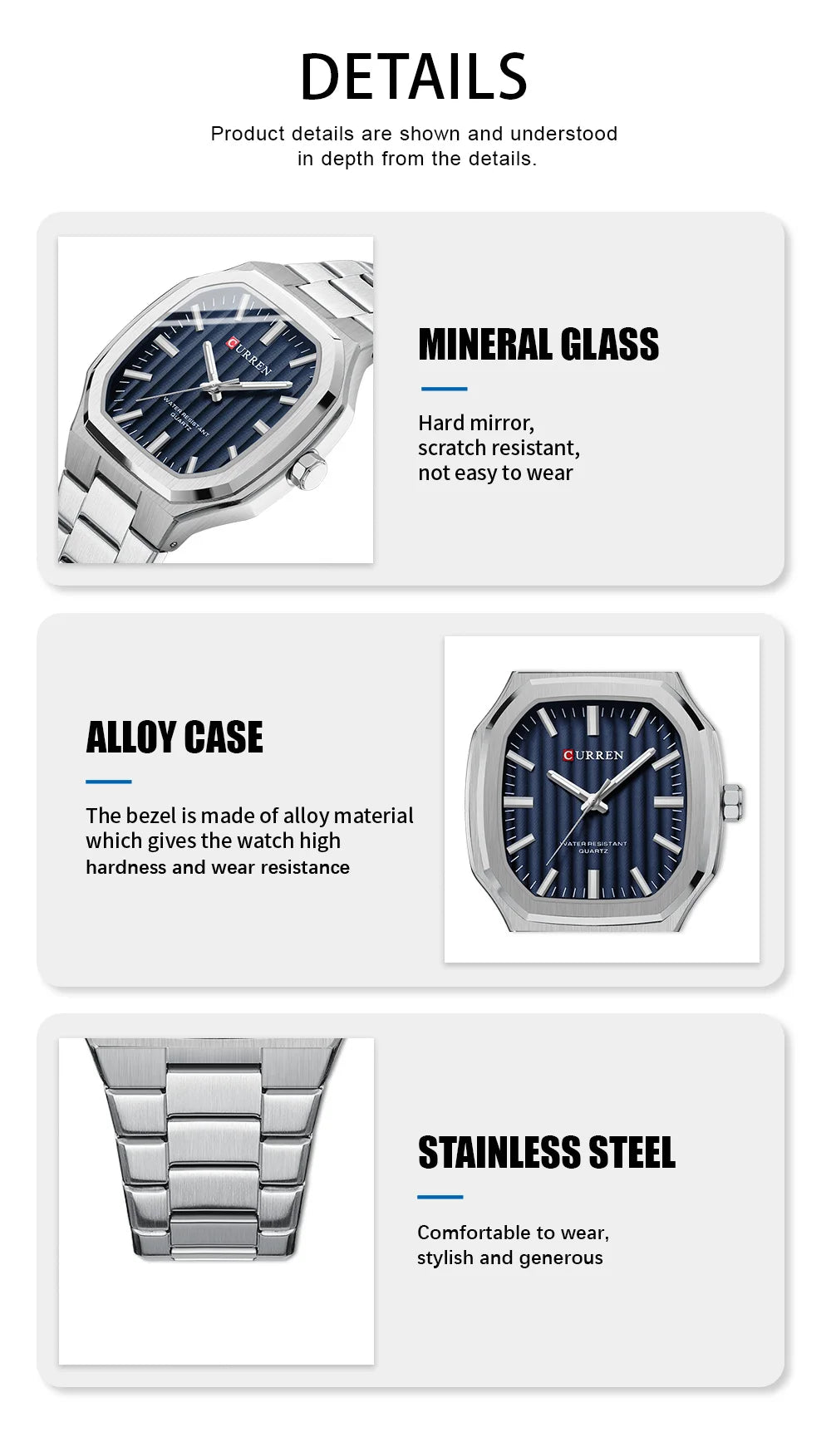 Montre Homme CURREN Business Carré Quartz – Acier Inoxydable Lumineux Étanche Classique