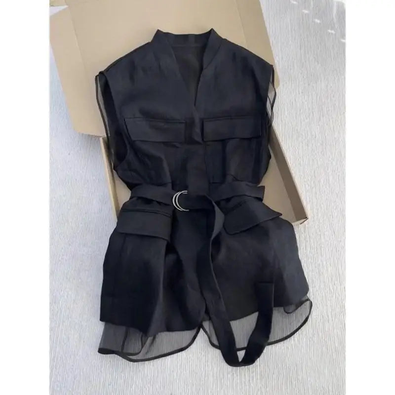 Top Gilet Femme Noir Sans Manches Col V Slim Mesh Patchwork Style Coréen – Chemise Élégante Bureau Casual Été | Mode