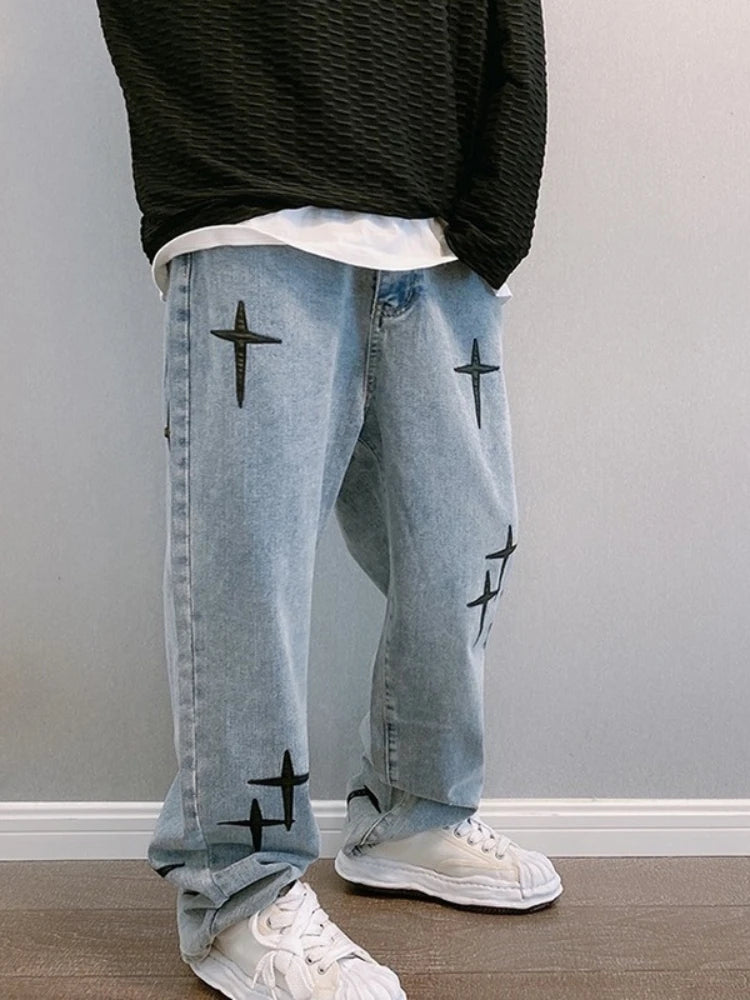 Jean Homme Imprimé Baggy Wide Leg Style Coréen K-Fashion Streetwear Cargo Droit Casual Loose Denim Tendance Urbain – Jean Baggy Premium K-Fashion | Mode Homme Streetwear K-Fashion Premium