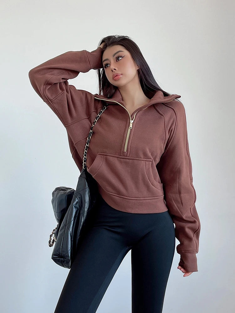 Sweat Femme Oversize Zip Polaire – Hoodie Streetwear Chaud Casual Rose Blanc