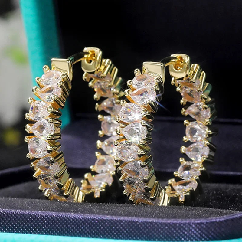 Créoles Luxe Pavées Zircon Couleur Or — Boucles d'Oreilles Femme Élégantes