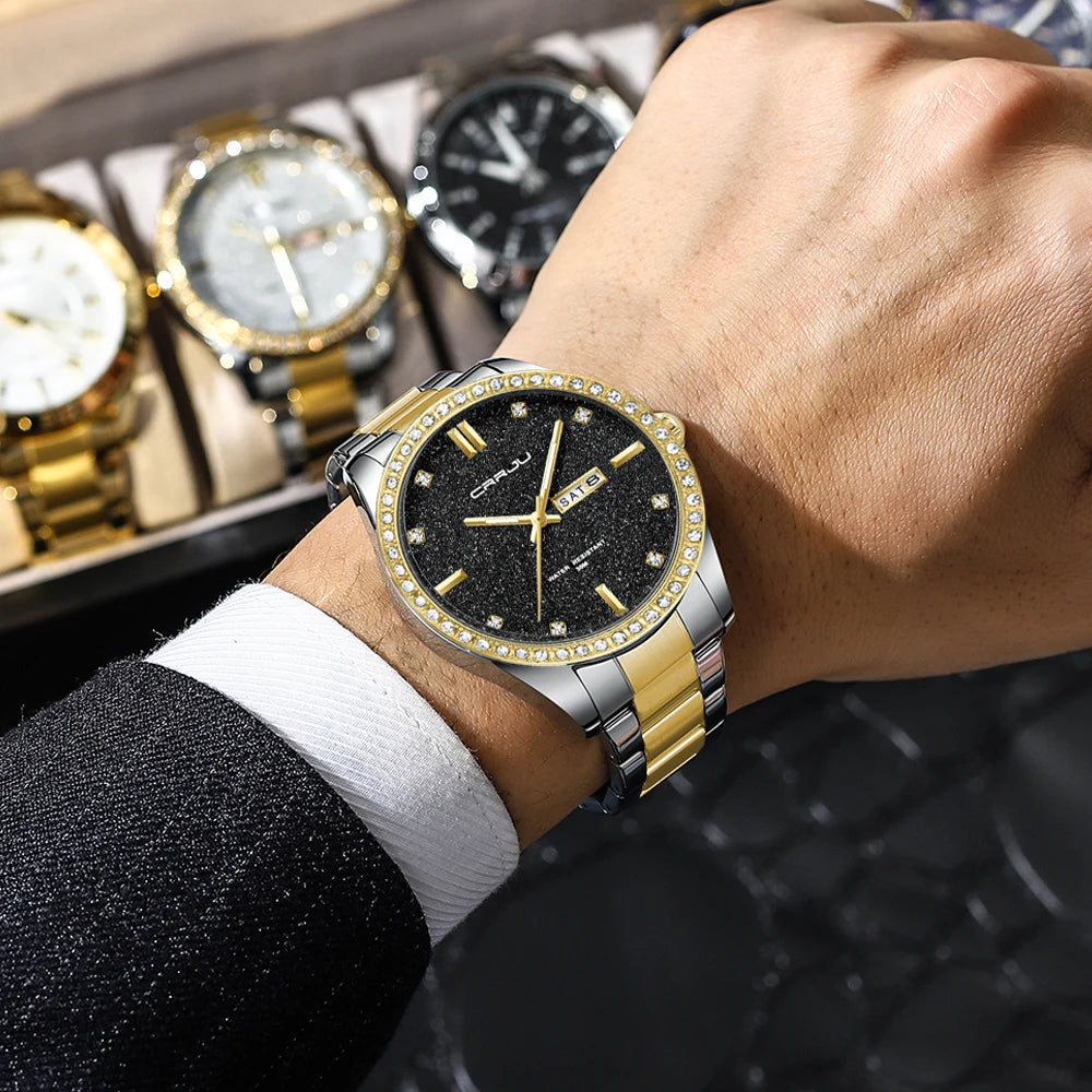 Montre Homme CRRJU Moissanite Diamant Luxe Cadran Doré Acier Inoxydable Lumineux Élégante Premium | Montre CRRJU Moissanite Diamant Luxe Premium