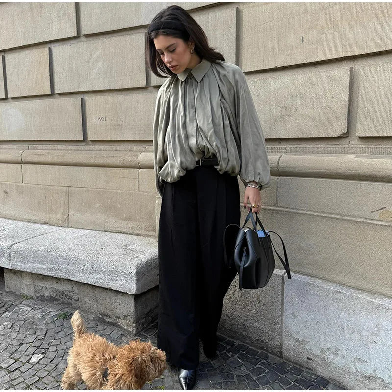Veste Femme Suède Vert Élégante Manches Bouffantes Revers Fermeture Éclair Ample Plissée – Blouson Court Streetwear Printemps Automne | Mode 2025