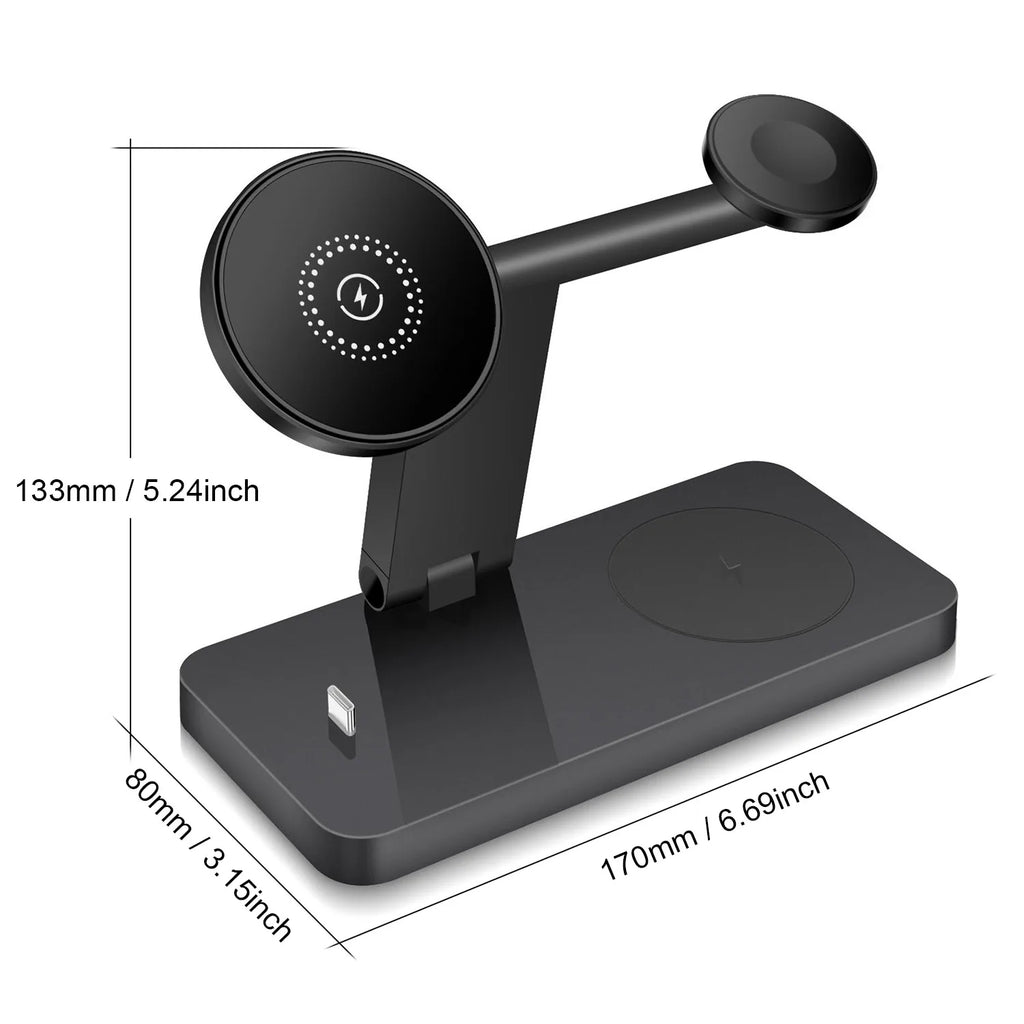 Station de Charge 4-en-1 Magnétique Verticale – iPhone 17-13 Pro Max iWatch 8 7 Sans Fil