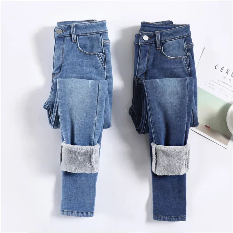 Jean Femme Thermique Skinny Taille Haute Chaud Polaire Stretch Denim – Pantalon Crayon Hiver Neige Confortable | Mode