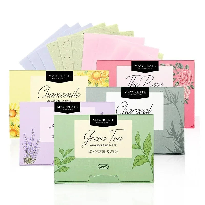 Papiers Matifiants Thé Vert – Lot 100 Pcs Portables | Lingettes Anti-Brillance Visage