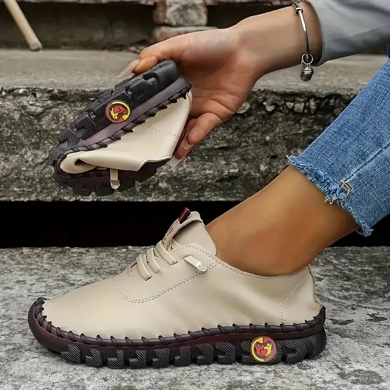 Sneakers Plateforme Loafers Lacets Cuir Femme 2024 – Flat Slip-On Casual Mom Shoe Printemps