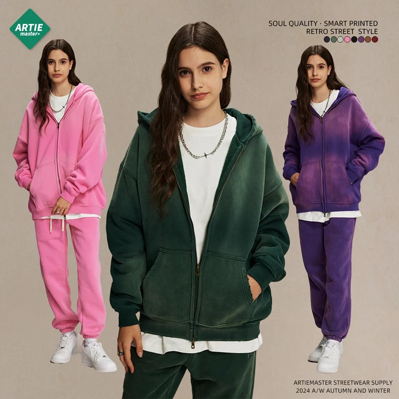 Hoodie Homme Oversize Zip Tie Dye Dégradé – Sweat Cardigan Peluche Loose Grande Taille Hiver | Mode Homme Premium