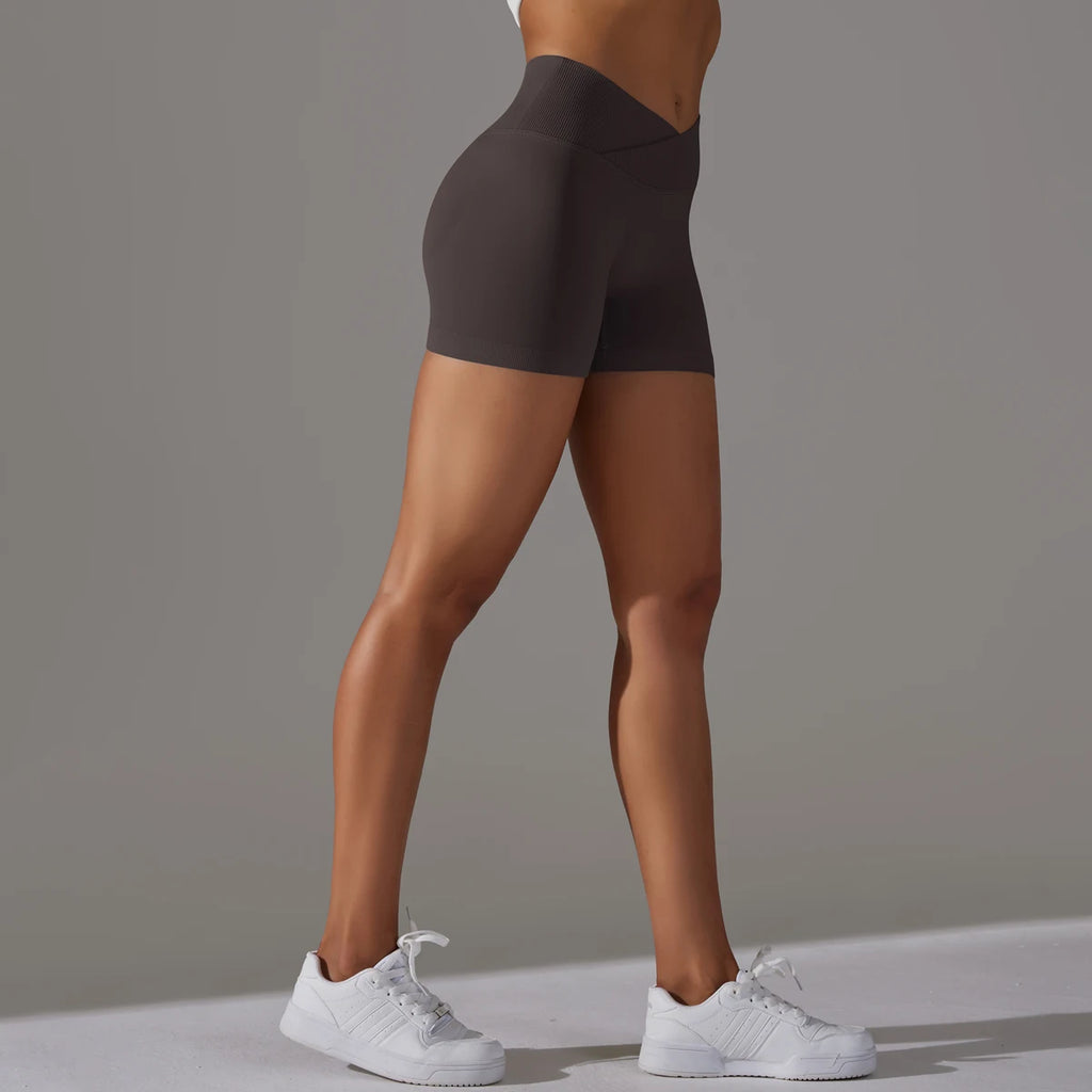 Short Yoga Femme Taille Haute Croisée Gainant Fessier Gym Running Fitness – Short Sport Sculptant Élastique | Mode Athleisure