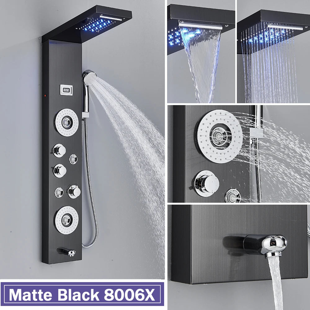 Rozin Colonne Douche Noire LED – 5 Modes dont Jets Massage & Cascade, Pluie, Affichage Digital | Panneau SPA Salle de Bain