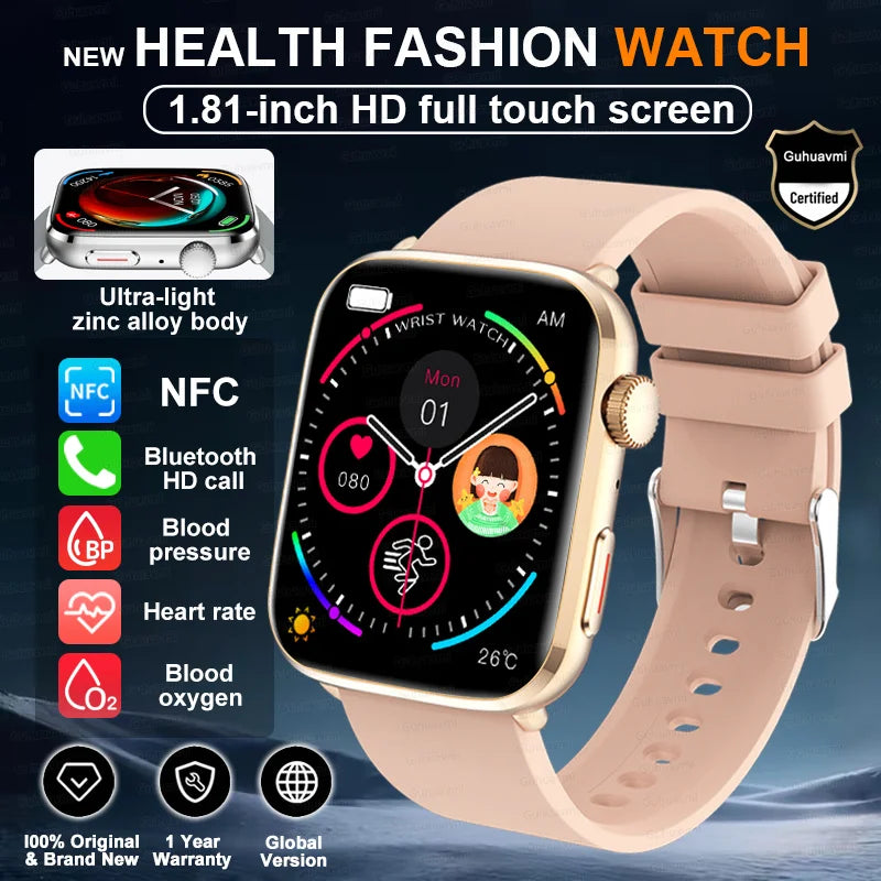 Smartwatch 2025 Unisex Gesundheit NFC Bluetooth – Blutdruck Sauerstoff Sport Anrufe | Herren & Damen