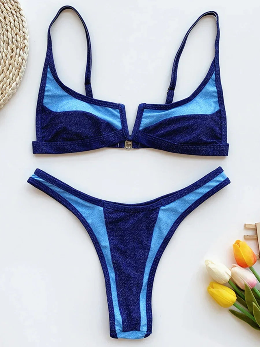 Bikini Femme 2 Pièces Denim Effet Jeans Tanga V Push-Up – Maillot de Bain Sexy Été & Plage