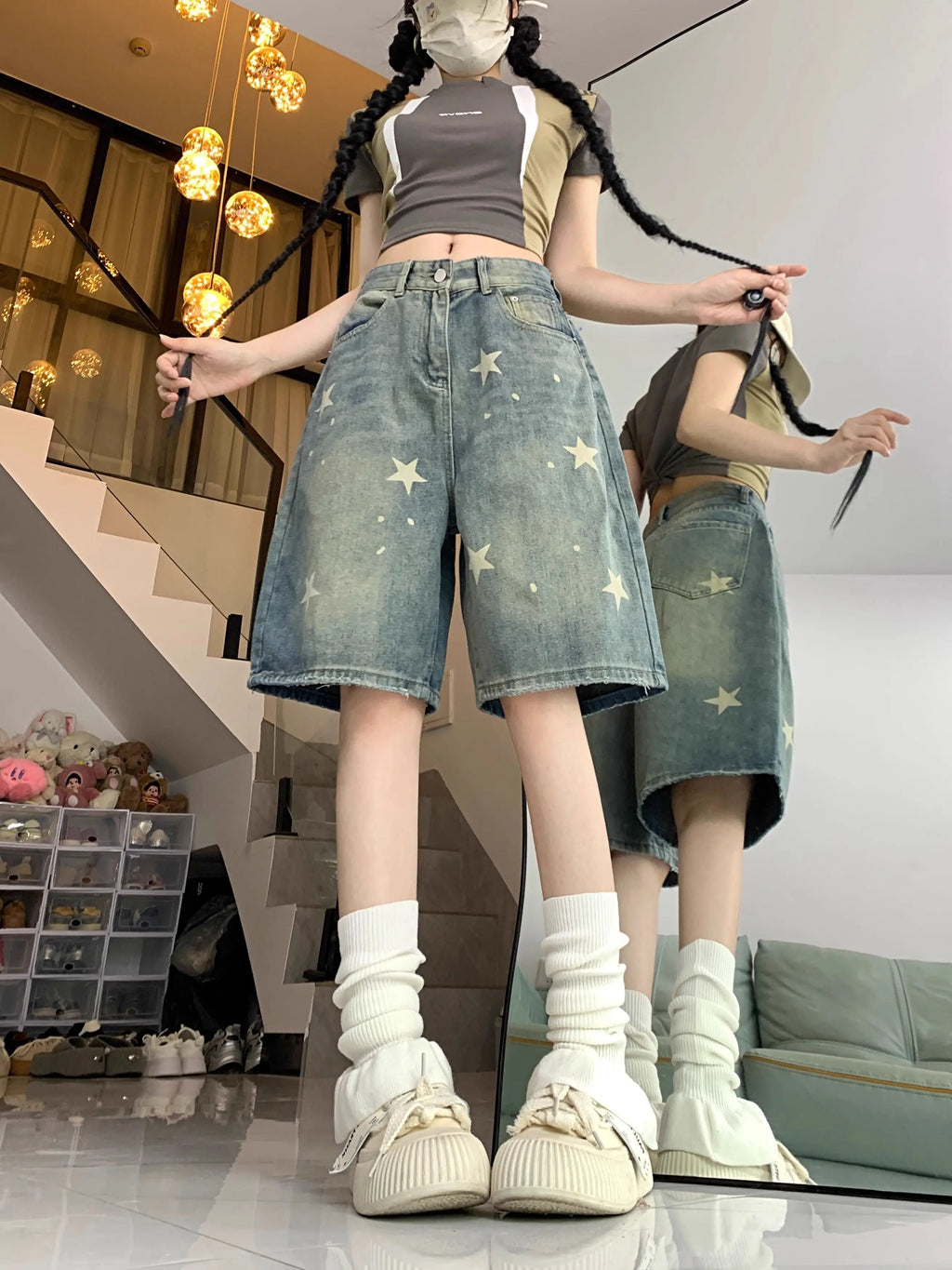 Short Jean Femme Imprimé Floral & Étoiles Style Rétro Américain – Jambe Droite Large Stretch Confortable