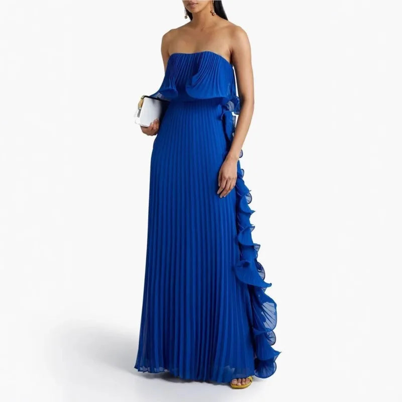 Robe Longue Femme Orange Chiffon Plissée Volants Sans Bretelles – Élégante Plage & Soirée | Été