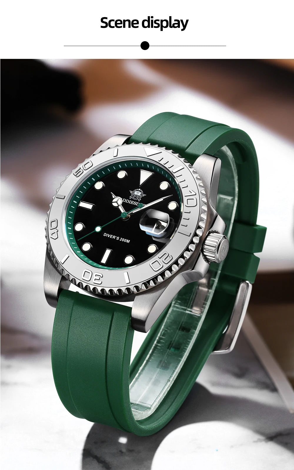 Montre Homme ADDIESDIVE AD2040 Quartz Plongée 41mm – Super Lumineuse 200M Caoutchouc Calendrier