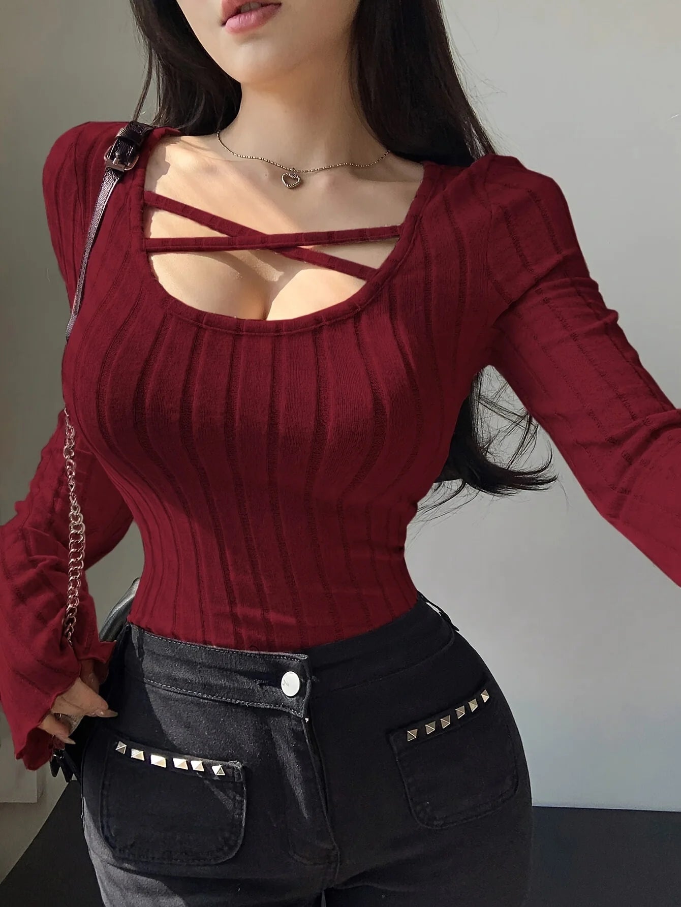 Damen Strick-Top Quadratischer Ausschnitt Langarm Überkreuzte Träger Gerippt Schmale Passform Casual – T-Shirt Streetwear Herbst Winter | Mode