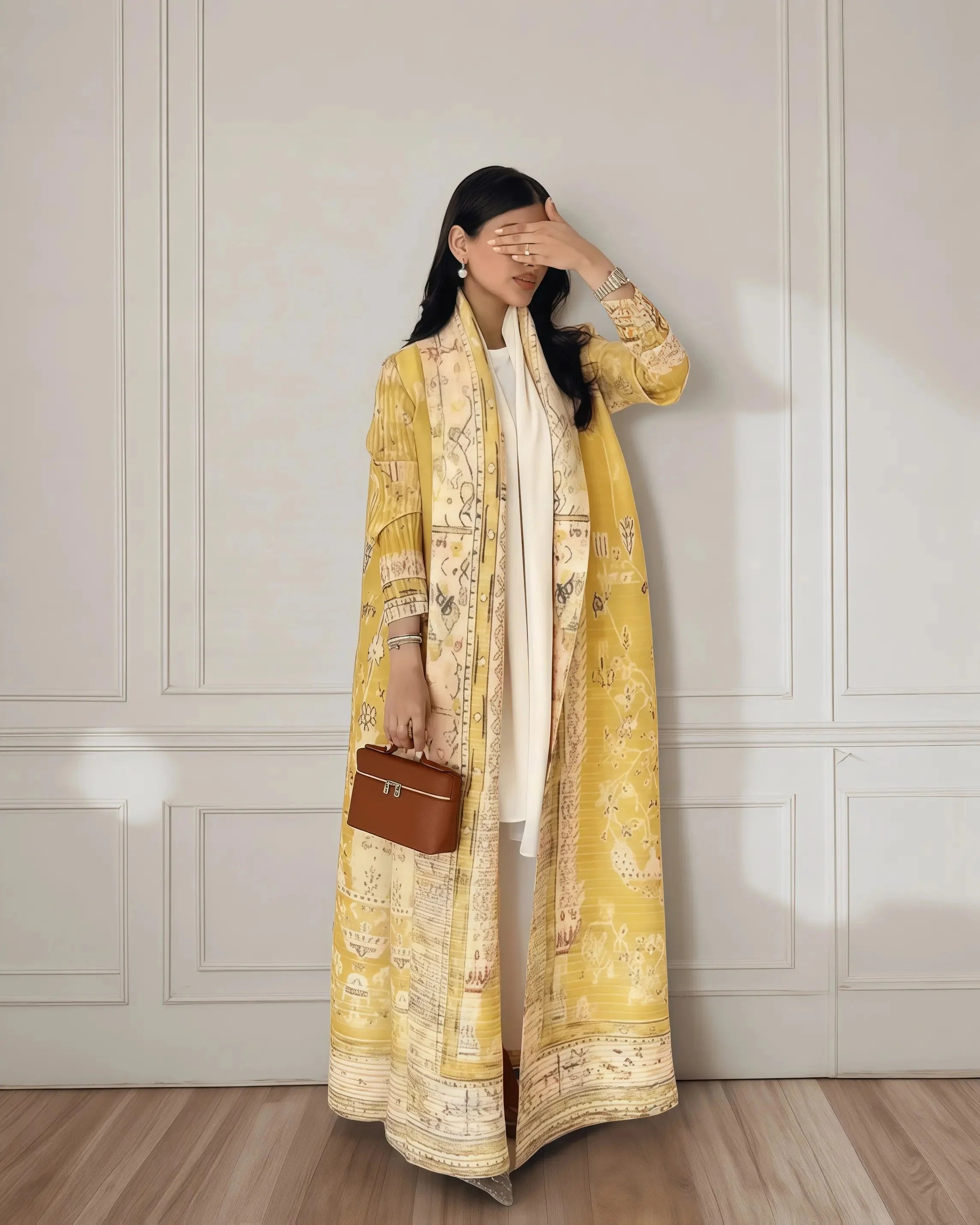 Kimono Cardigan Long Femme Abaya Imprimé Vintage Miyake Fluide Ample – Mode Modesté & Élégance