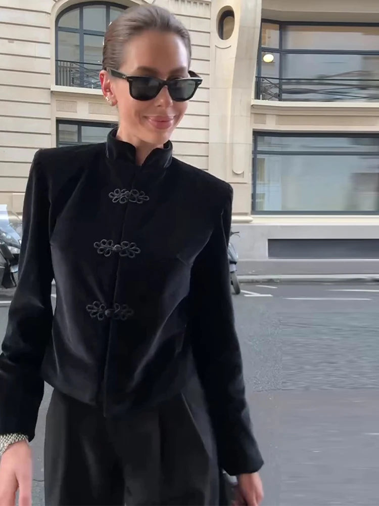 Veste Femme Velours Noir Franges Boutons Nœuds Ourlet Asymétrique Manches Longues Slim – Élégante Streetwear & Bureau