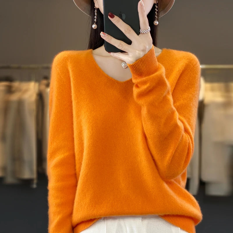 Pull Cachemire 100% Laine Col V Femme - Tricot Casual Korean Fashion Automne Hiver