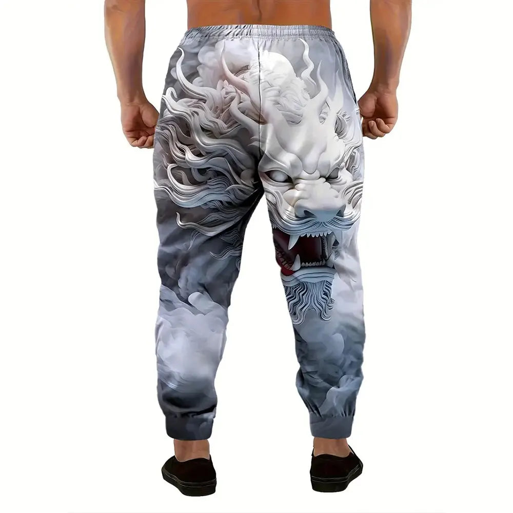Herren-Freizeithose mit lockerem Schnitt und Kordelzug, große Größen, Sport-Sweatpants, Winter, neue, dicke, warme Jogginghose, modische Jogginghose mit Drachen-Print