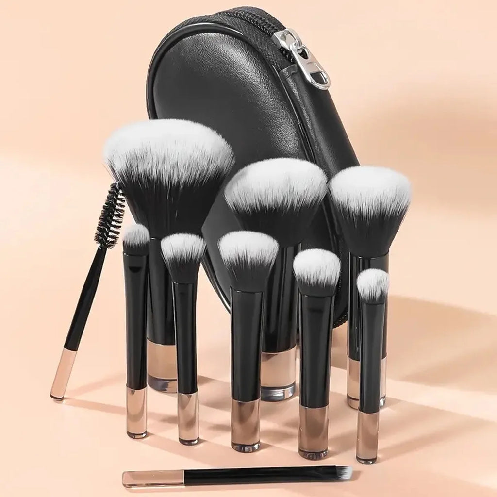 Set 10 Mini Pinceaux Maquillage Manche Crystal – Voyage Friendly avec Pochette | Pinceaux Yeux & Fond de Teint Débutantes