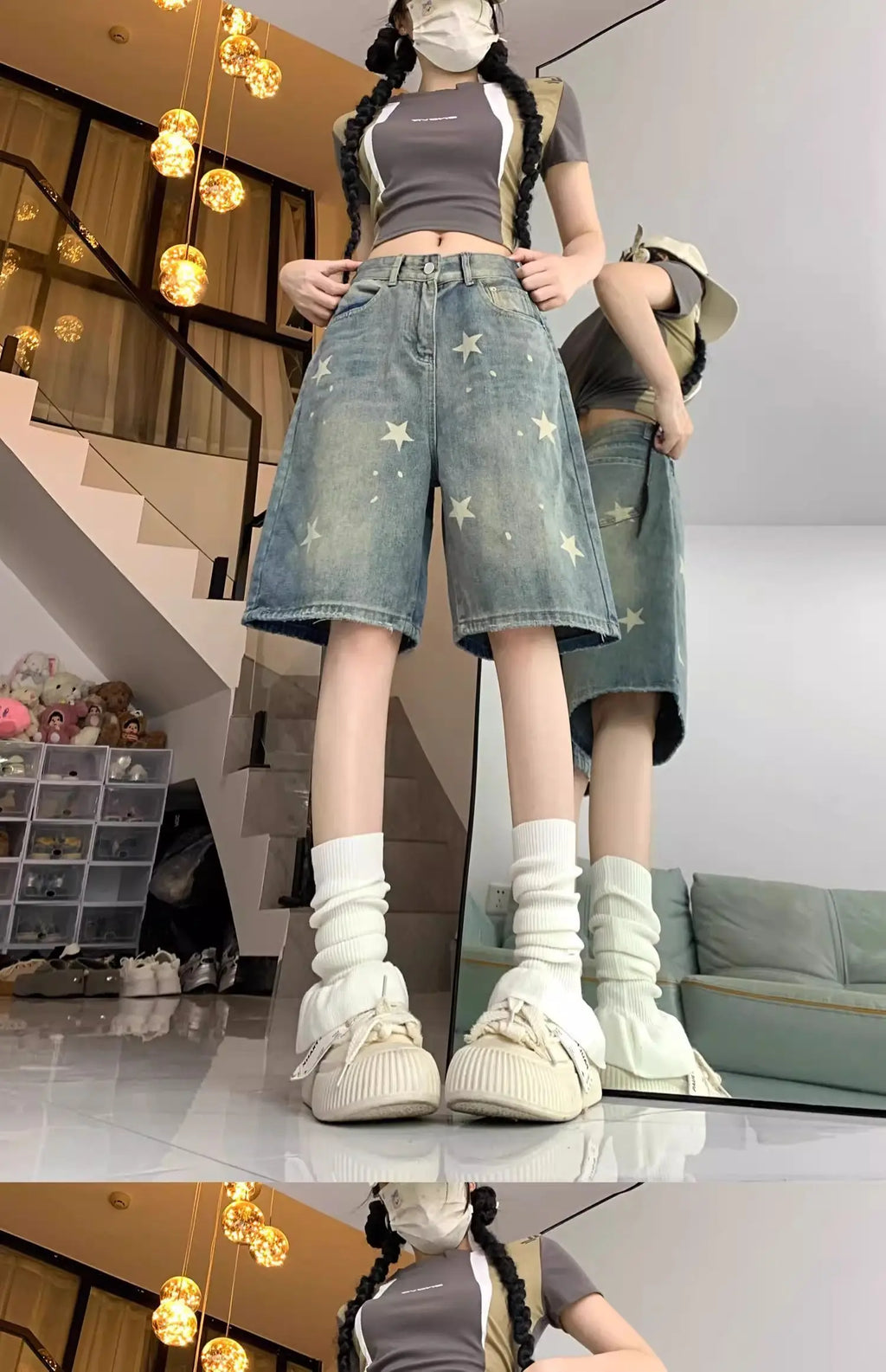 Short Jean Femme Imprimé Floral & Étoiles Style Rétro Américain – Jambe Droite Large Stretch Confortable