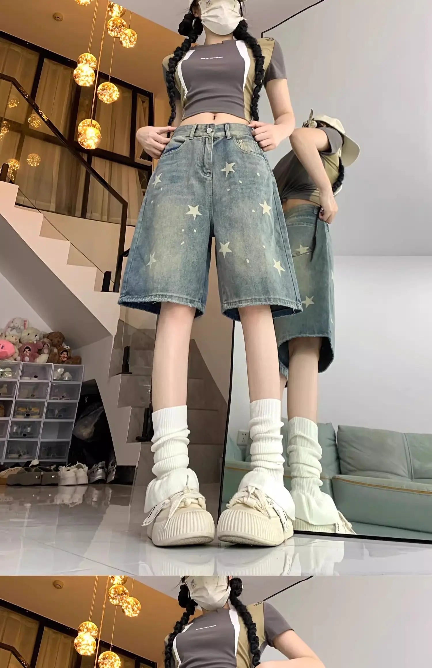 Short Jean Femme Imprimé Floral & Étoiles Style Rétro Américain – Jambe Droite Large Stretch Confortable