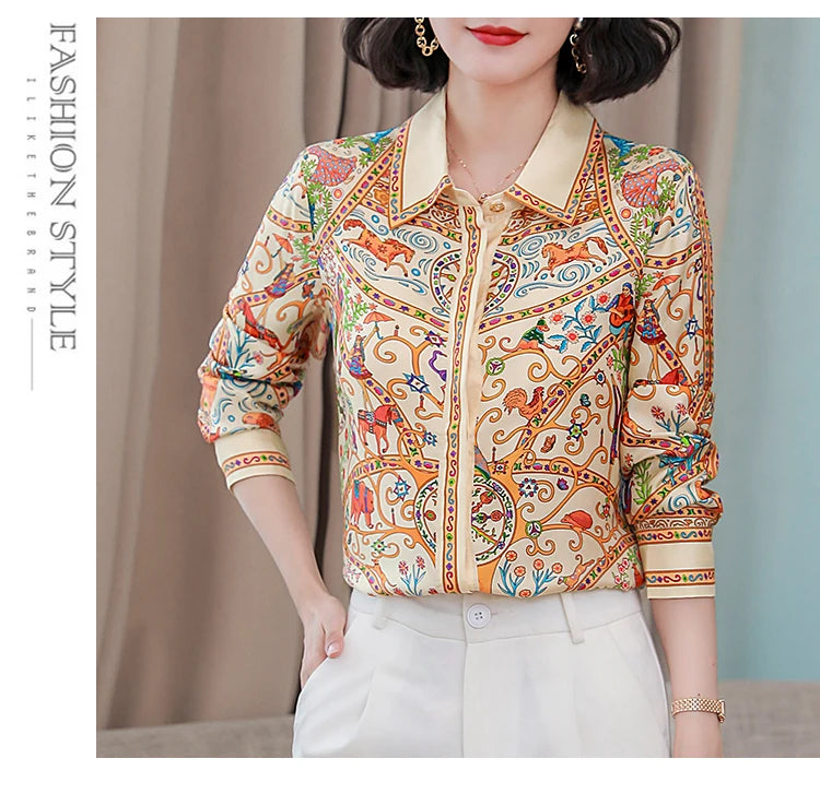 Chemisier Femme Vintage Imprimé Luxe Manches Longues Slim Élégant – Blouse Casual Chic | Automne S-3XL