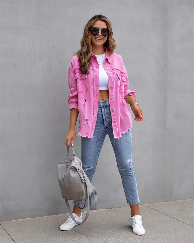 Veste en Jean Femme Bords Bruts Troués – Style Chemise Casual | Printemps Automne Tendance 2025