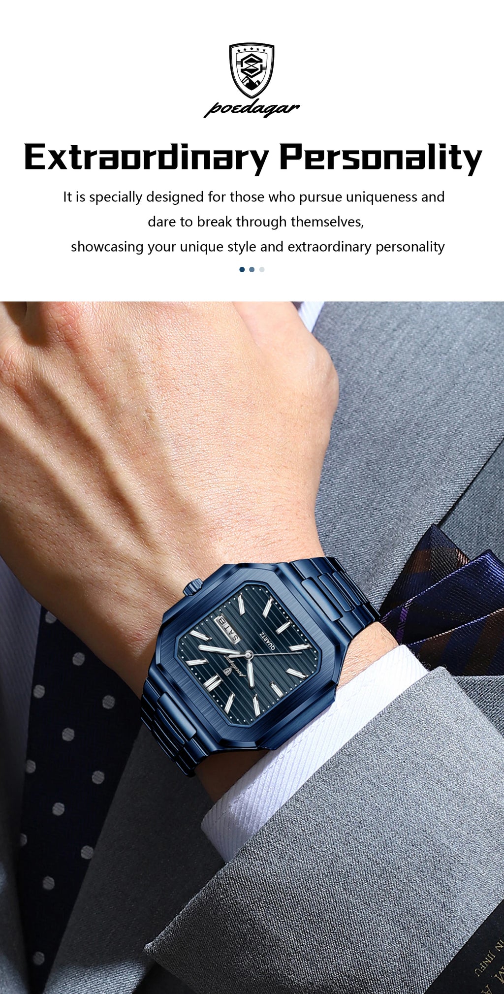 Montre Carrée Luxe Homme Poedagar – Quartz Étanche Lumineuse Date Semaine Acier Inoxydable Fashion
