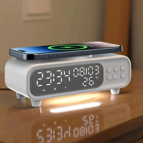 Chargeur Sans Fil 15W Horloge Alarme LED – Thermomètre Veilleuse Dock iPhone Écouteurs