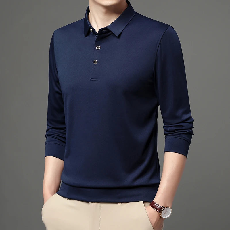 Polo Homme Manches Longues Col Polo Couleur Unie – Casual Élégant Printemps Automne | Mode Homme Premium
