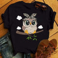 T-Shirt Femme Imprimé Hibou Cartoon Kawaii Manches Courtes Col Rond Noir Harajuku – Tee Graphic Cute Style Japonais | Mode